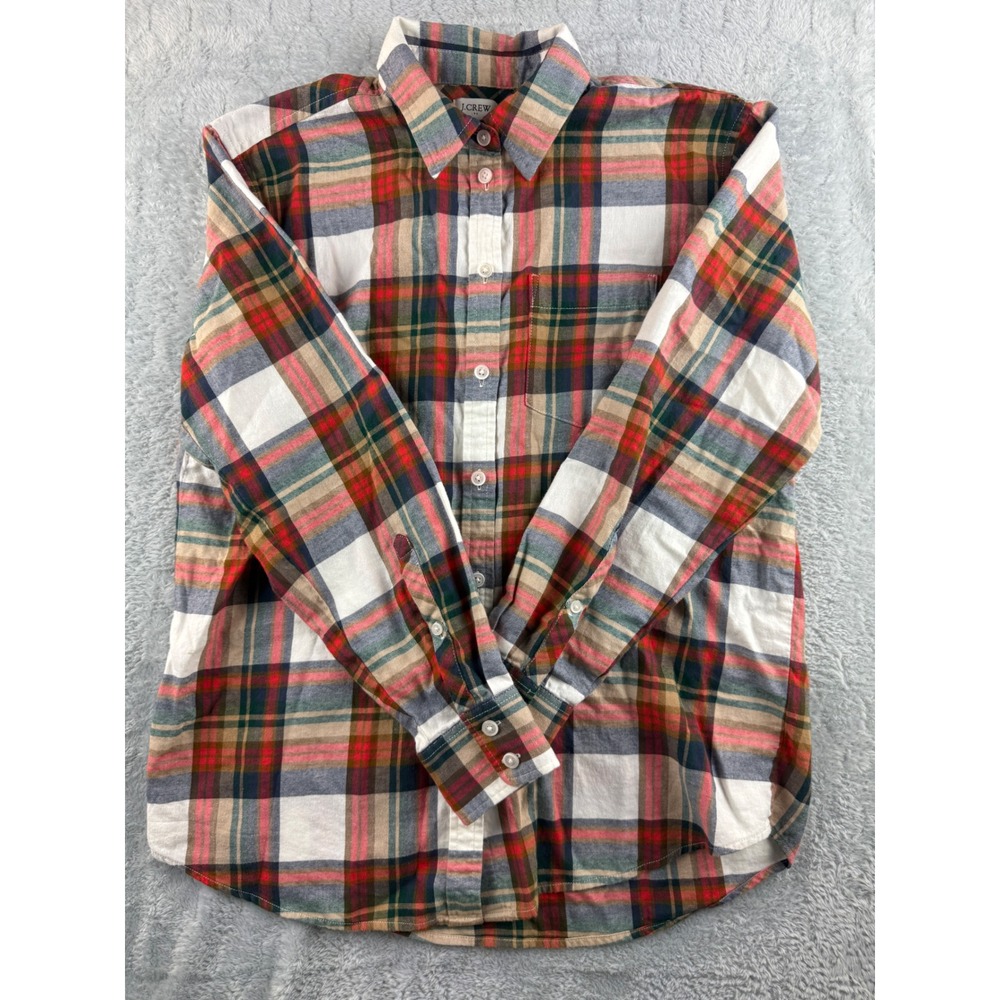 J. Crew Plaid Long Sleeve Button Down Shirt Women's XS Red Green Tan Casual